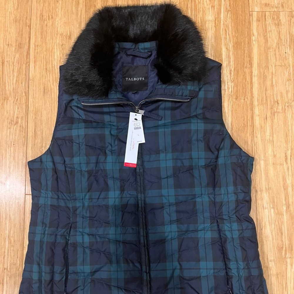 NWT Talbots Faux Fur Collar Down Puffer Vest in Blue/Green Plaid